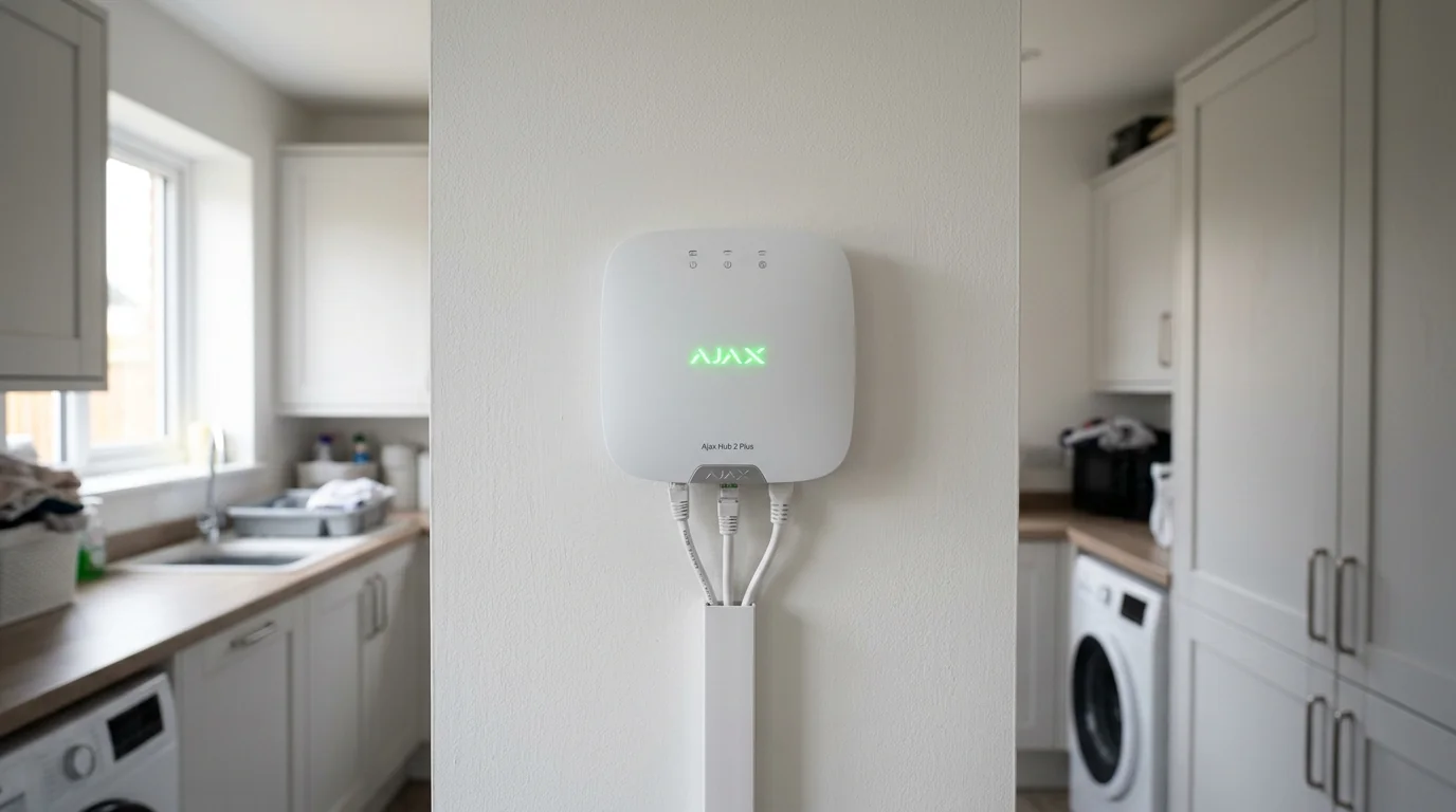 Ajax Grade 2 alarm hub mounted discreetly with Ethernet and 4G communication in Whitebirk