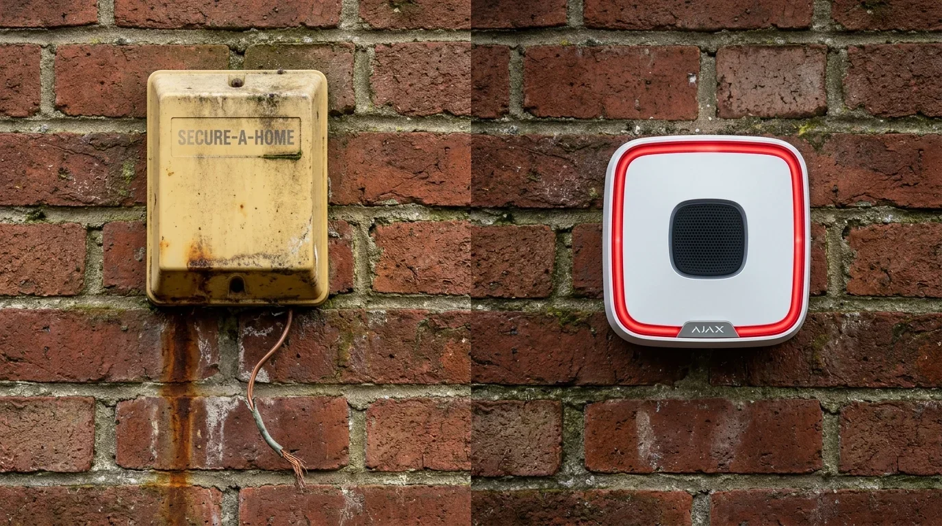 Side-by-side technical comparison of faded yellow legacy 433MHz bell box versus modern Ajax StreetSiren