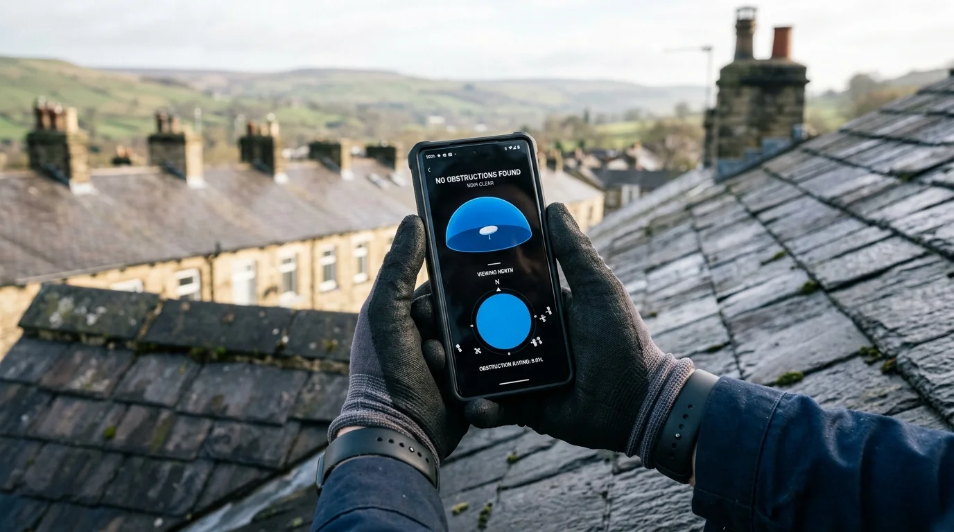 Starlink mobile application 110-degree field of view obstruction scan showing 0.00% zero obstruction in Mill Hill