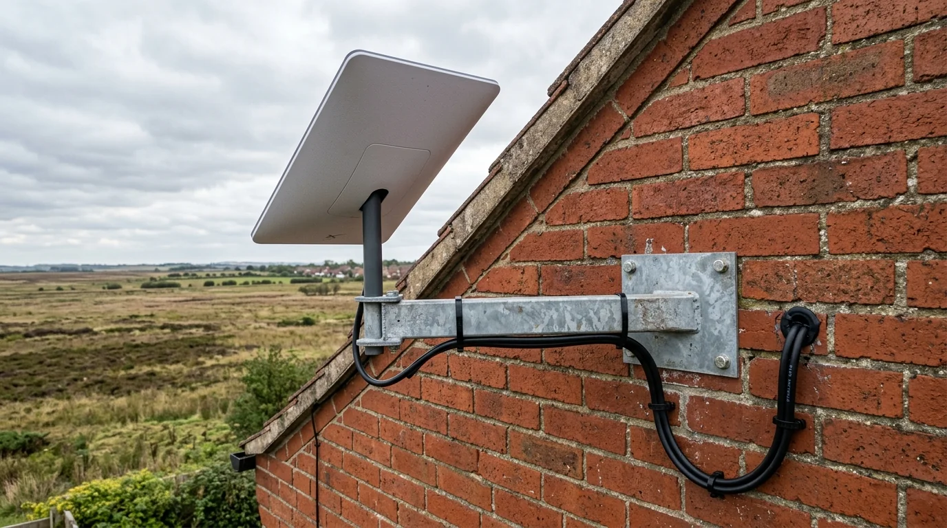Starlink Gen 3 satellite installation with dual stainless strapping on residential chimney in Thorne