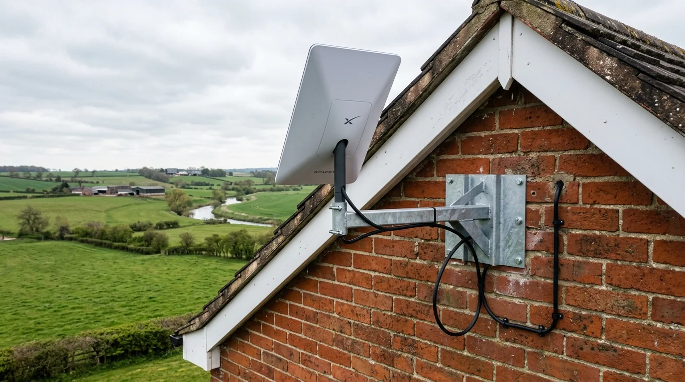 Starlink Gen 3 dish mounted on rural farmhouse roof supplying 300Mbps broadband in Brigg