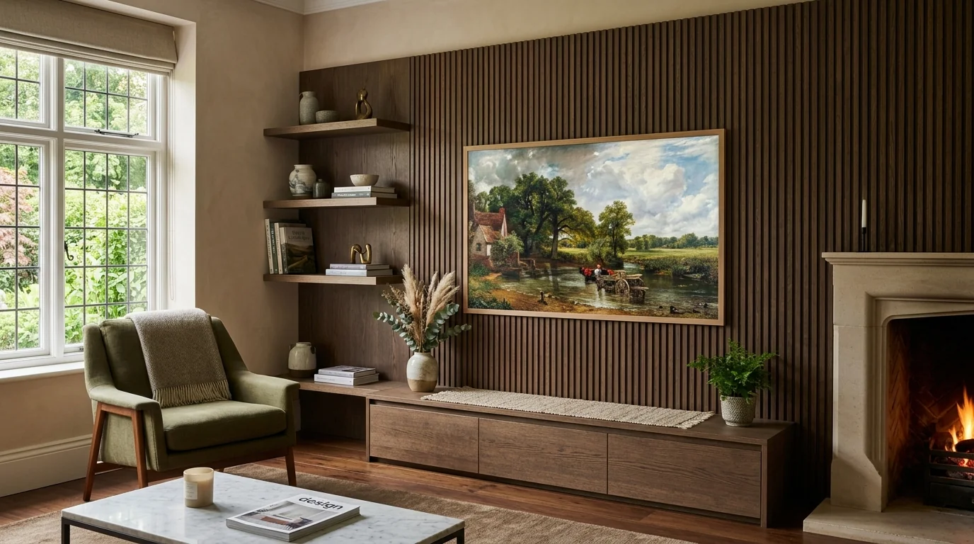 Samsung The Frame art TV mounted completely flush against living room wall with concealed One Connect box